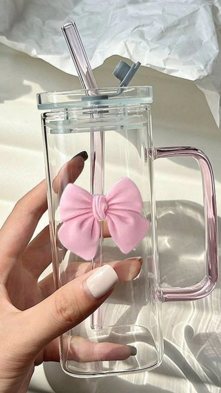 Coquette Pink Bow Glass Cup with Lid and Bow Straw for Women