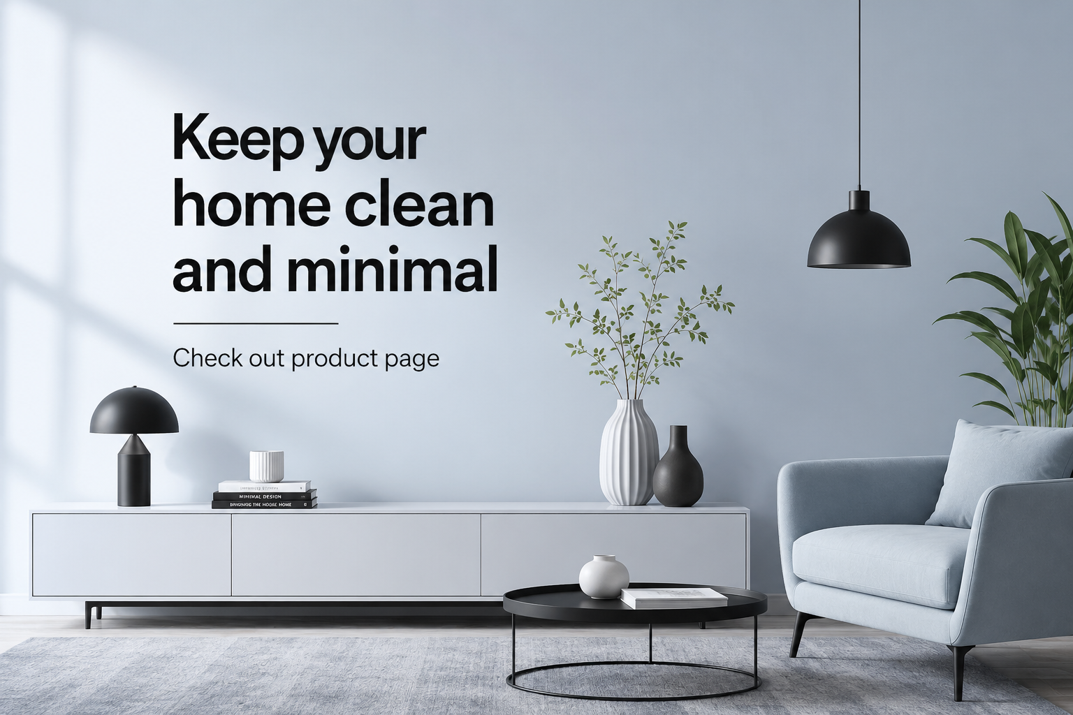 A styled interior room scene with a light blue sofa, white sideboard, black pendant lamp, black coffee table, vase with branches, and large wall text reading 'Keep your home clean and minimal' plus smaller text 'Check out product page'. This is not a clean isolated product shot and not a measurement chart, color swatch, or instruction diagram.