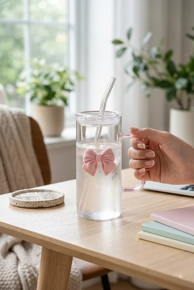 A clear glass tumbler with a pink bow decoration and a clear straw sits on a light wood table, held by a hand. The background shows a cozy, softly lit room with plants and a window.