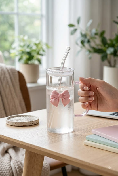 A clear glass tumbler with a pink bow decoration and a clear straw sits on a light wood table, held by a hand. The background shows a cozy, softly lit room with plants and a window.