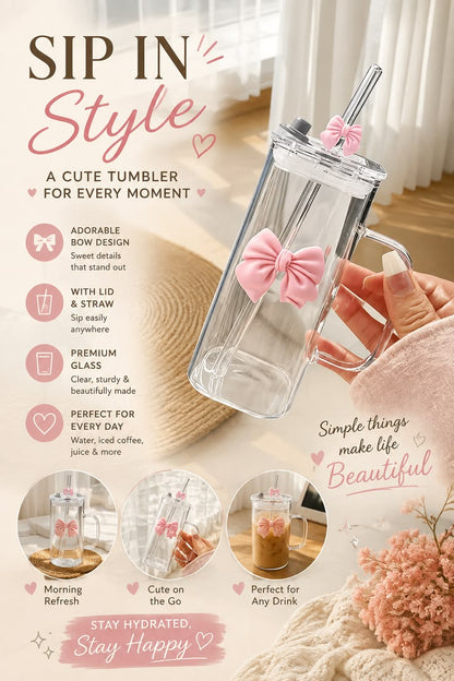 Coquette Pink Bow Glass Cup with Lid and Bow Straw for Women