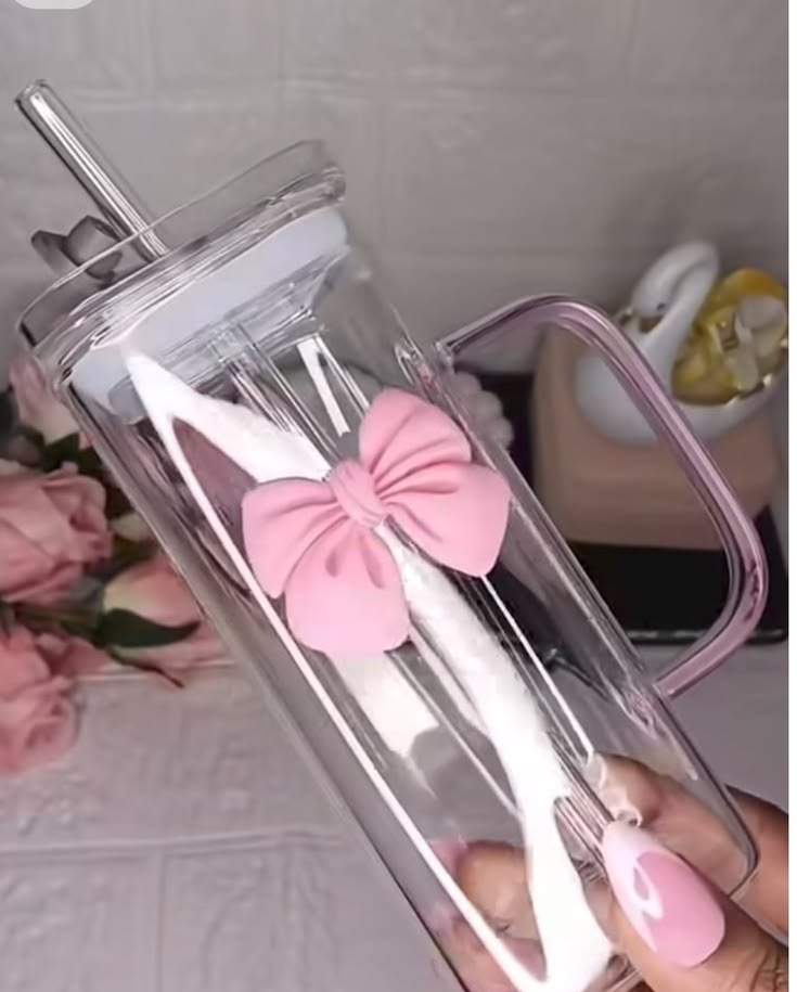 Coquette Pink Bow Glass Cup with Lid and Bow Straw for Women
